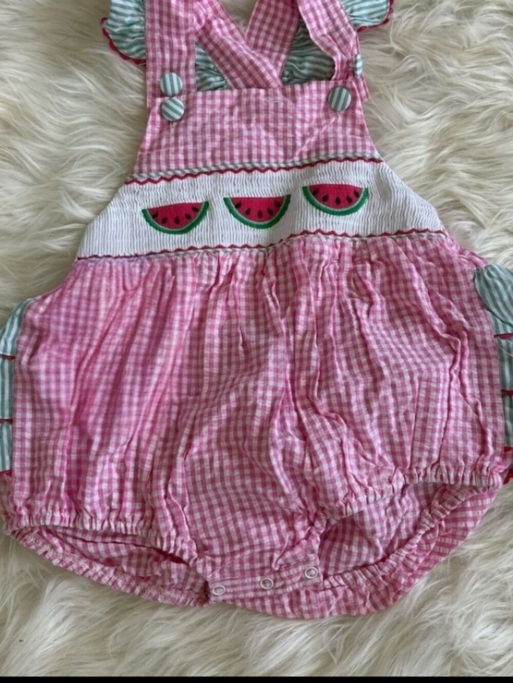 Lil Cactus Pink Gingham Watermelon Bubble Romper with Green Striped Ruffles 2t